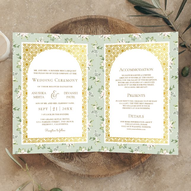 Invitation Sage Green Floral tout en un Mariage Indien d'or (Créateur téléchargé)