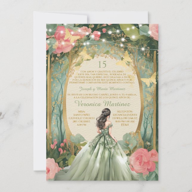 Invitation Sage Green Forest Princesse Florale Espagnol 15 Añ (Devant)