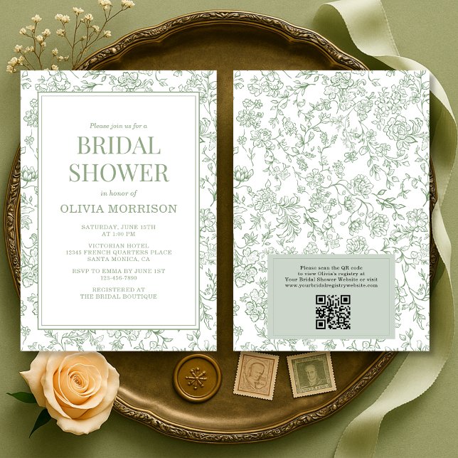Invitation Sage Green French Toile QR Code Bridal Shower (Créateur téléchargé)