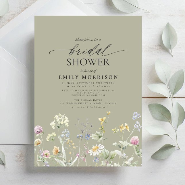Invitation Sage Green Garden Flowers Script Bridal Shower (Créateur téléchargé)