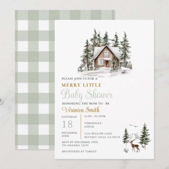 Invitation Sage Green Gingham A Merry Little Baby Shower  (Devant / Derrière)