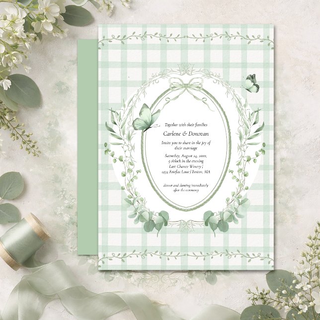 Invitation Sage Green Gingham Botanical Wedding | (Créateur téléchargé)