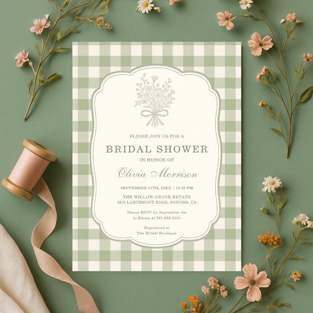 Invitation Sage Green Gingham Floral Bow Bridal Shower (Créateur téléchargé)