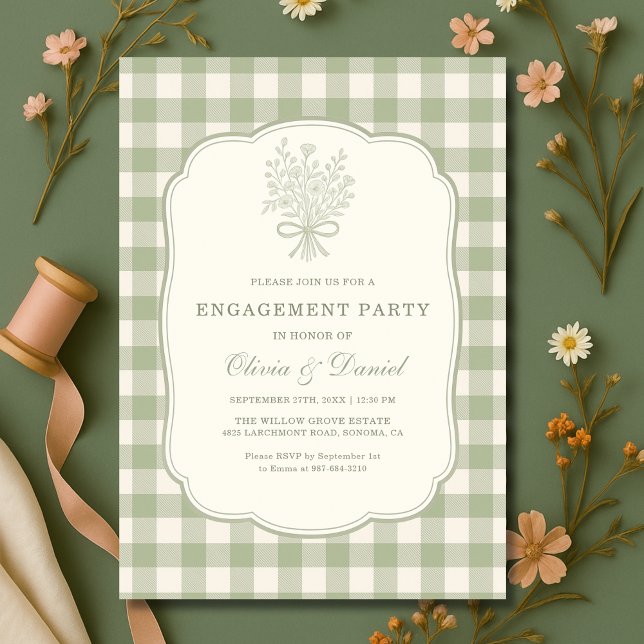 Invitation Sage Green Gingham Floral Engagement Party (Créateur téléchargé)