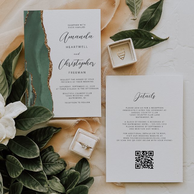 Invitation Sage Green Gold Agate QR Code Mariage (Créateur téléchargé)