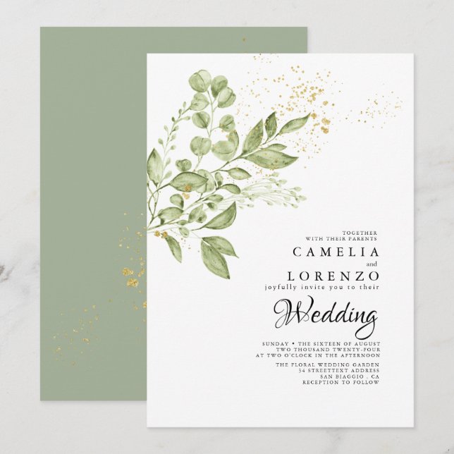 Invitation Sage Green Gold Boho Mariage de verdure (Devant / Derrière)
