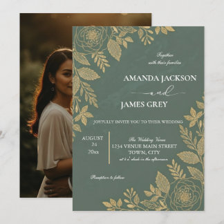 Invitation Sage Green Gold Botanical Photo Back Wedding Invit