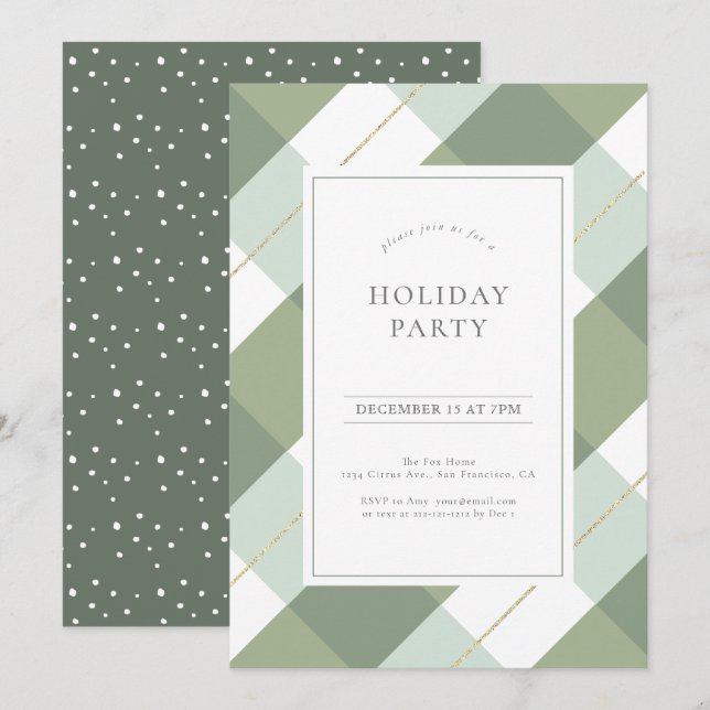 Invitation Sage Green & Gold En vichy Fête de Noël (Devant / Derrière)