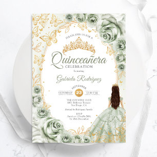 Invitation Sage Green Gold Floral Quinceanera