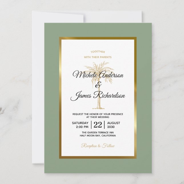 Invitation Sage Green Gold Palm Tree Mariage tropical (Devant)