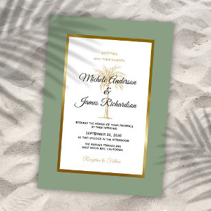 Invitation Sage Green Gold Palm Tree Plage tropicale Mariage