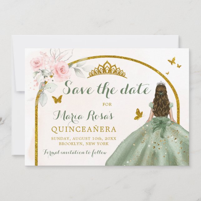 Invitation Sage Green Gold Princess Butterfly Quinceañera (Devant)