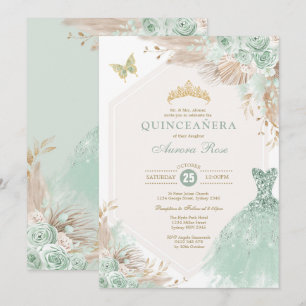 Invitation Sage Green Gold Quinceañera Boho Floral Anniversai
