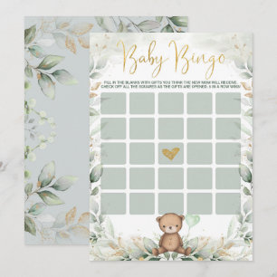 Invitation Sage Green Gold Teddy Bear Bingo Baby shower Jeu