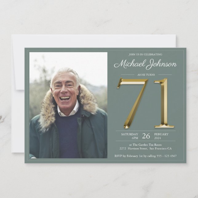 Invitation Sage Green Gold Texte Classy Photo 71e anniversair (Devant)