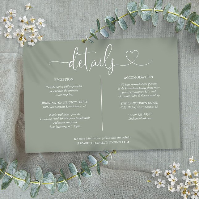 Invitation Sage Green Heart Script Détails Fiche d'informatio (Sage Green Heart Script Details Information Card)