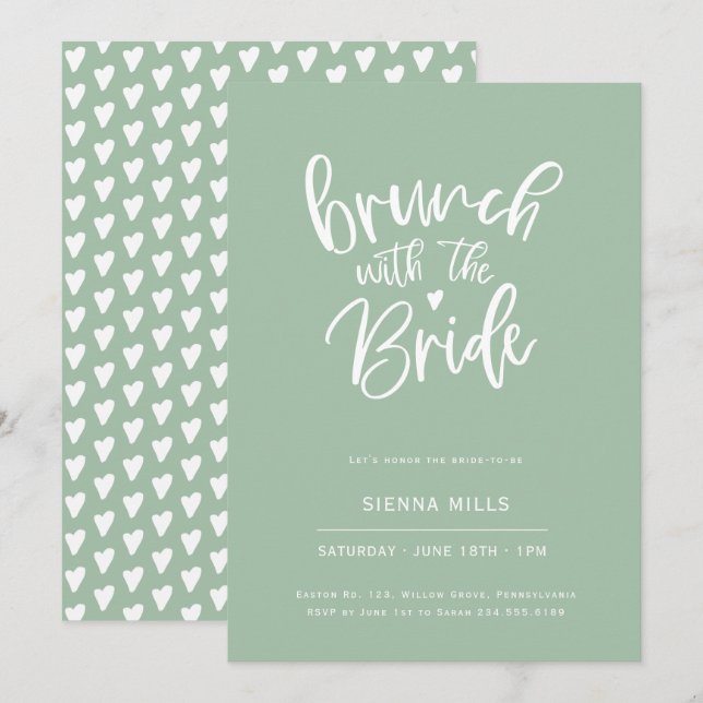 Invitation Sage Green Hearts Calligraphie Brunch nuptial (Devant / Derrière)