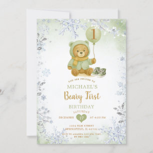 Invitation Sage Green Hiver Faux de neige Beary Premier anniv