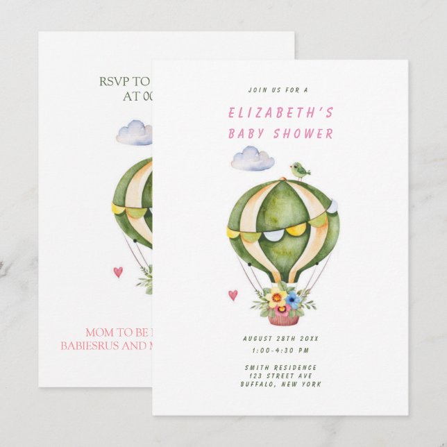 Invitation Sage Green Hot Air Balloon Floral Girl Baby shower (Devant / Derrière)