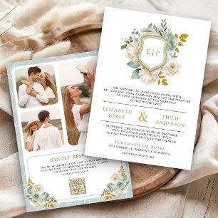 Invitation Sage Green Ivory Floral QR Code Crest Mariage
