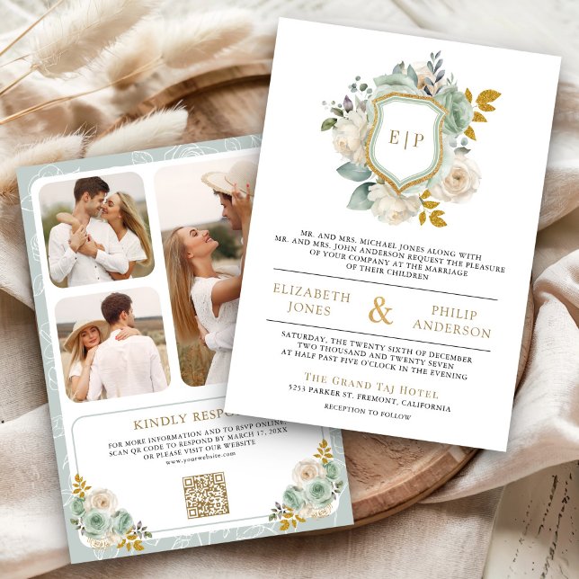Invitation Sage Green Ivory Floral QR Code Crest Mariage (Créateur téléchargé)