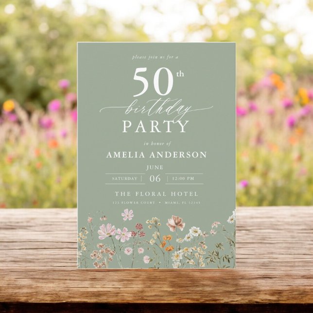 Invitation Sage Green Jardin Fleur sauvage Floral 50e anniver (Créateur téléchargé)