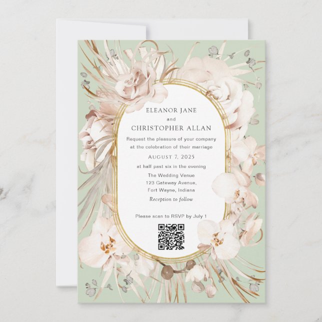 Invitation Sage Green jardin fleuri moderne code QR mariage (Devant)