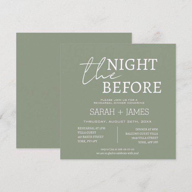 Invitation Sage Green la nuit avant le dîner de répétition (Devant / Derrière)