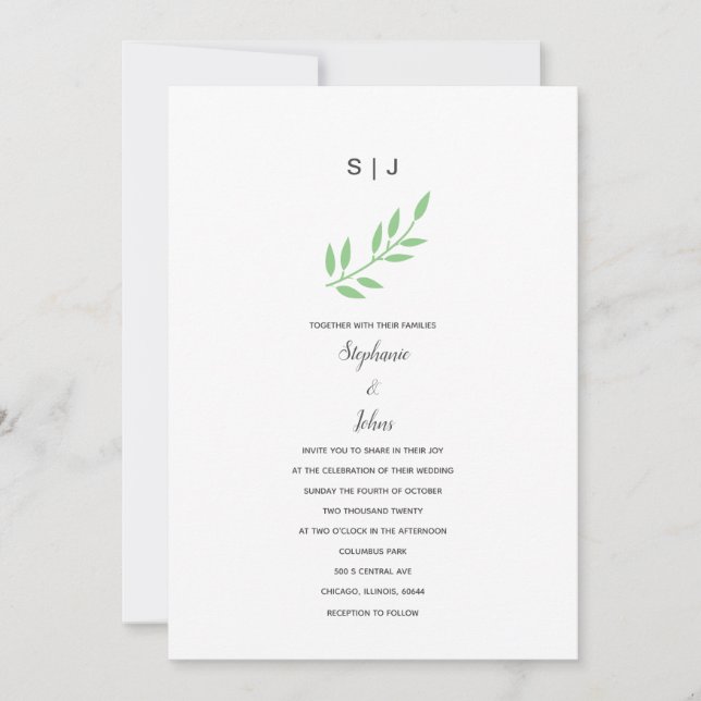 Invitation Sage Green Leaf Gris Monogrammes Nom Boho Mariage (Devant)