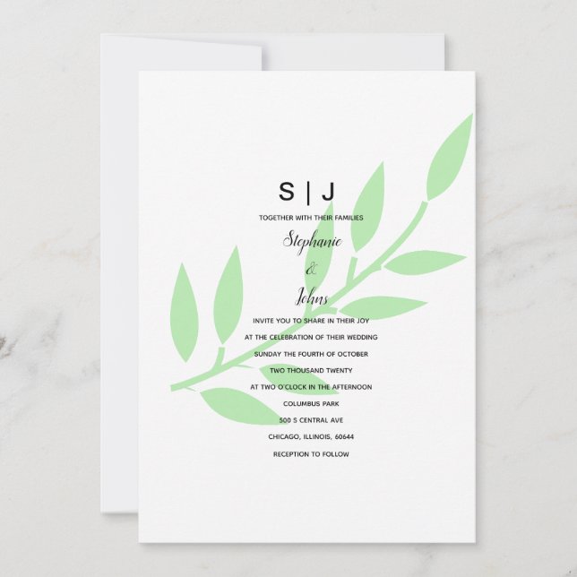 Invitation Sage Green Leaf Monogramme Mariage minimal 2024 (Devant)