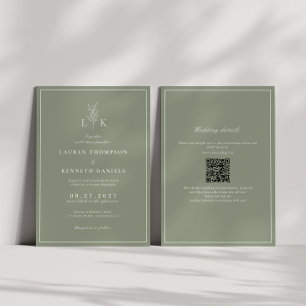 Invitation Sage Green Leaf Monogramme QR Code Mariage