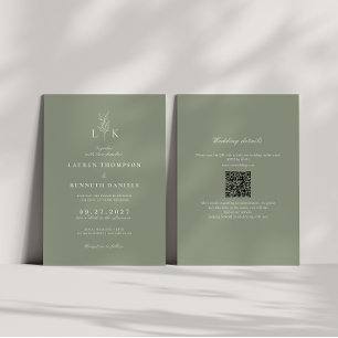 Invitation Sage Green Leaf Monogramme QR Code Mariage