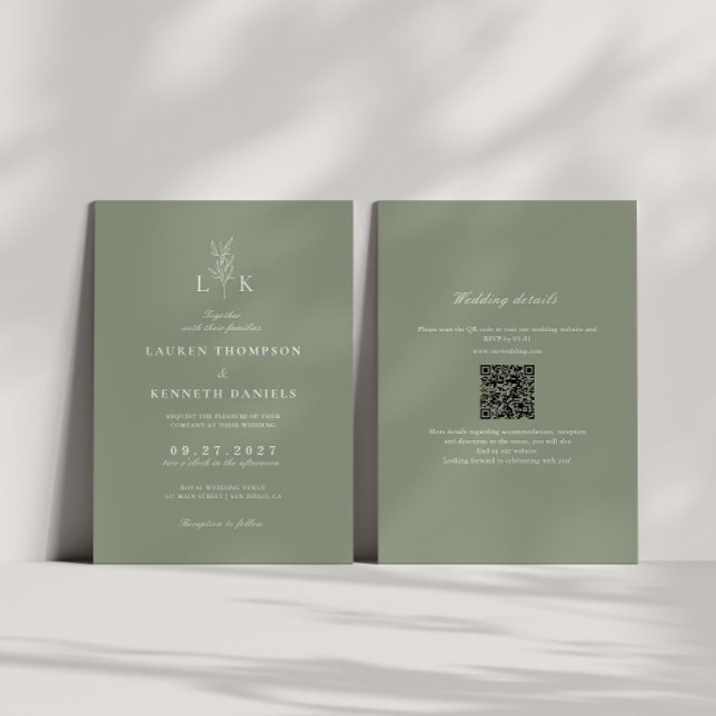 Invitation Sage Green Leaf Monogramme QR Code Mariage (Créateur téléchargé)