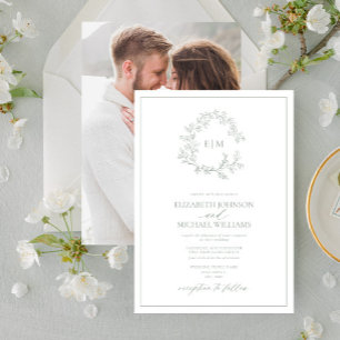 Invitation Sage Green Leafy Crest Monogramme Mariage photo