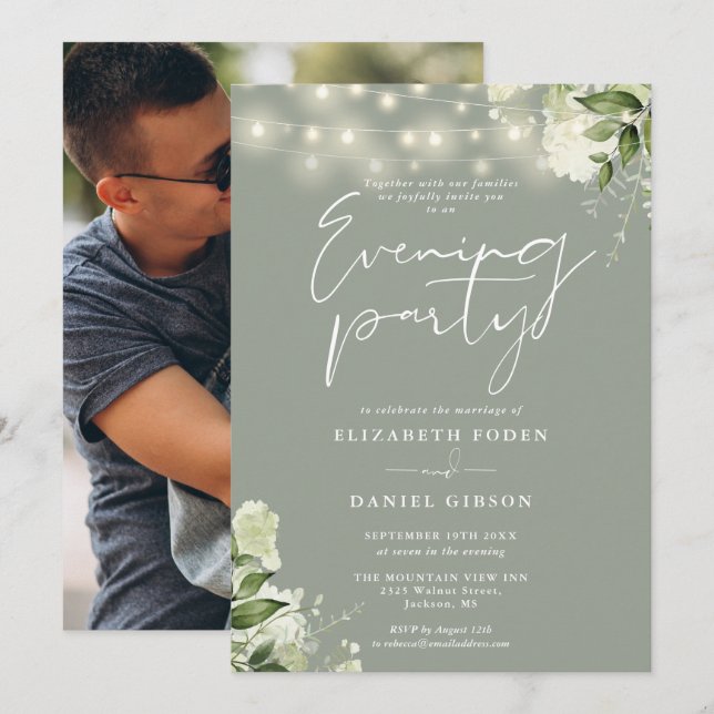 Invitation Sage Green Lights Photo Mariage Soirée (Devant / Derrière)