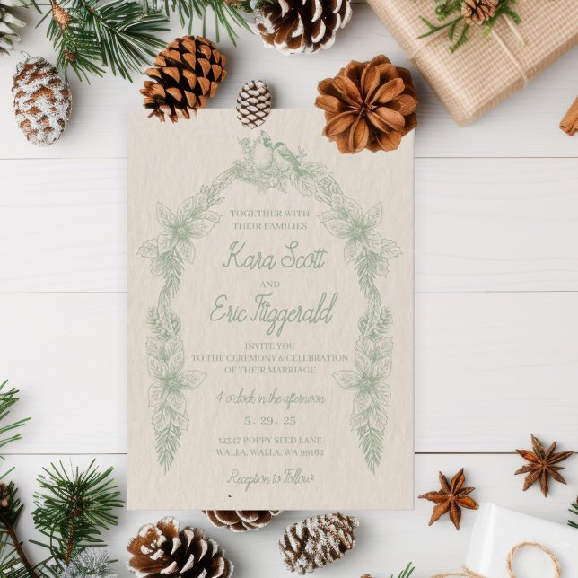 Invitation Sage Green Line Art Mariage à fleurs en bois (Créateur téléchargé)