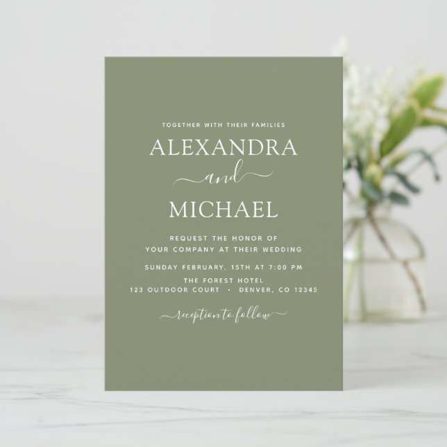 Invitation Sage Green Mariage Typographie moderne (Debout devant)