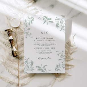 Invitation Sage Green Mariage Vintage Élégant Tourbillonnant
