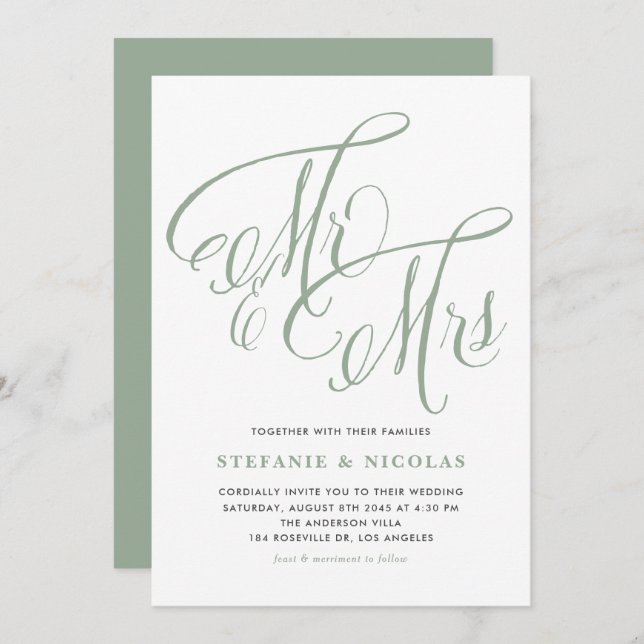 Invitation Sage Green Mme et Mme Rustic Script Mariage (Devant / Derrière)