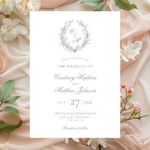 Invitation Sage Green Monogramme Mariage de couronne botaniqu