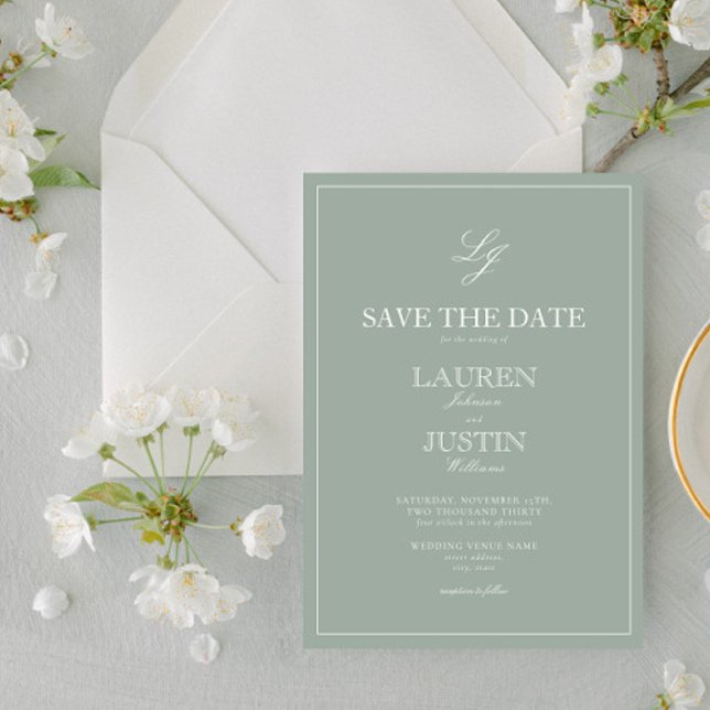 Invitation Sage Green Monogramme moderne Script Enregistrer l (Créateur téléchargé)