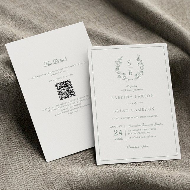 Invitation Sage Green Monogramme Wreath QR Code Mariage (Créateur téléchargé)