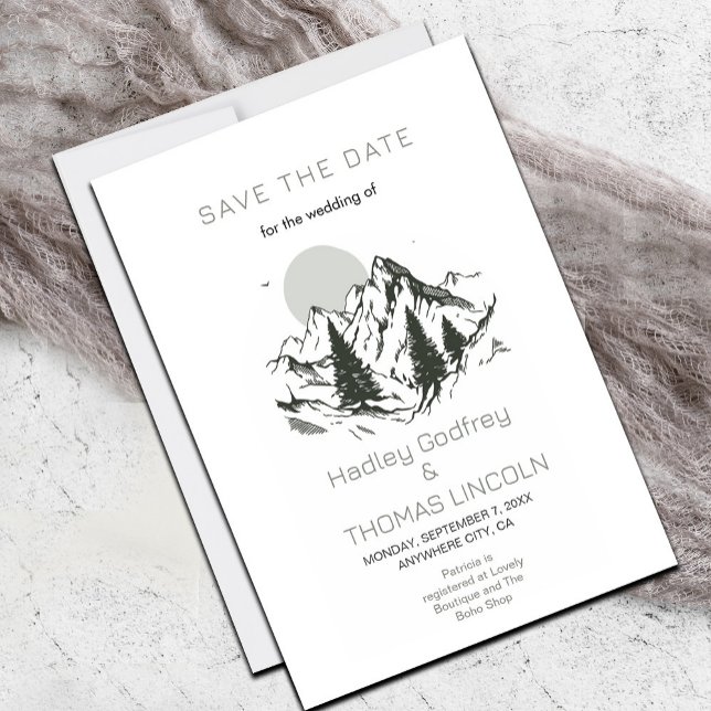 Invitation Sage Green Mountains Enregistrer La Date (Simple Sage Green and White Save the Date #savethedate #classysummerwatercolor #rustic #nature)