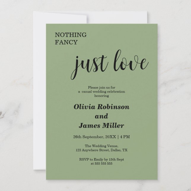 Invitation Sage Green Nothing Fancy Just Love Casual Wedding  (Devant)