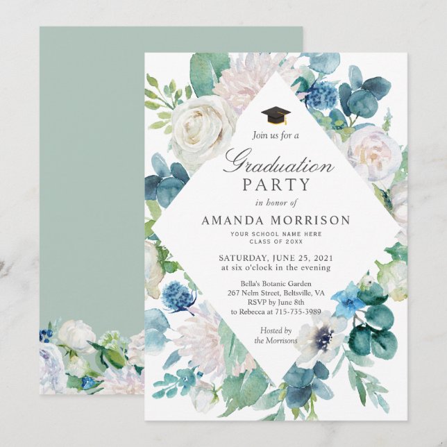 Invitation Sage Green Pale Bleu Blanc Floral Parti de Graduat (Devant / Derrière)