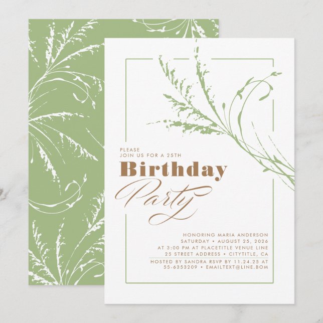Invitation Sage Green Pampas Grass moderne fête d'anniversair (Devant / Derrière)