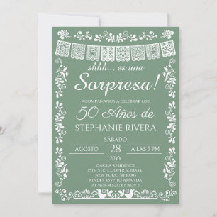 Invitation Sage Green Papel Picado Surprise 50e Anniversaire