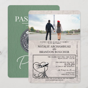 Invitation Sage Green Paris Passport Mariage