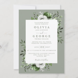 Invitation Sage Green Pays élégant Floral QR Code Mariage