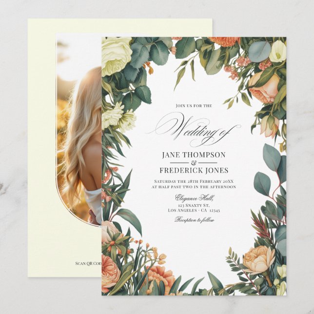 Invitation Sage Green, Peach, and Cream Floral Wedding (Devant / Derrière)